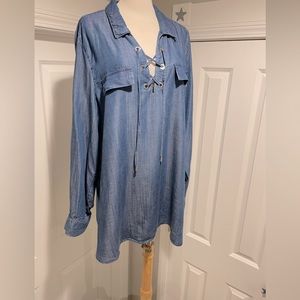 Calvin Klein Tencel Blue Denim Lace up Grommet Tunic Coverup Top Dress